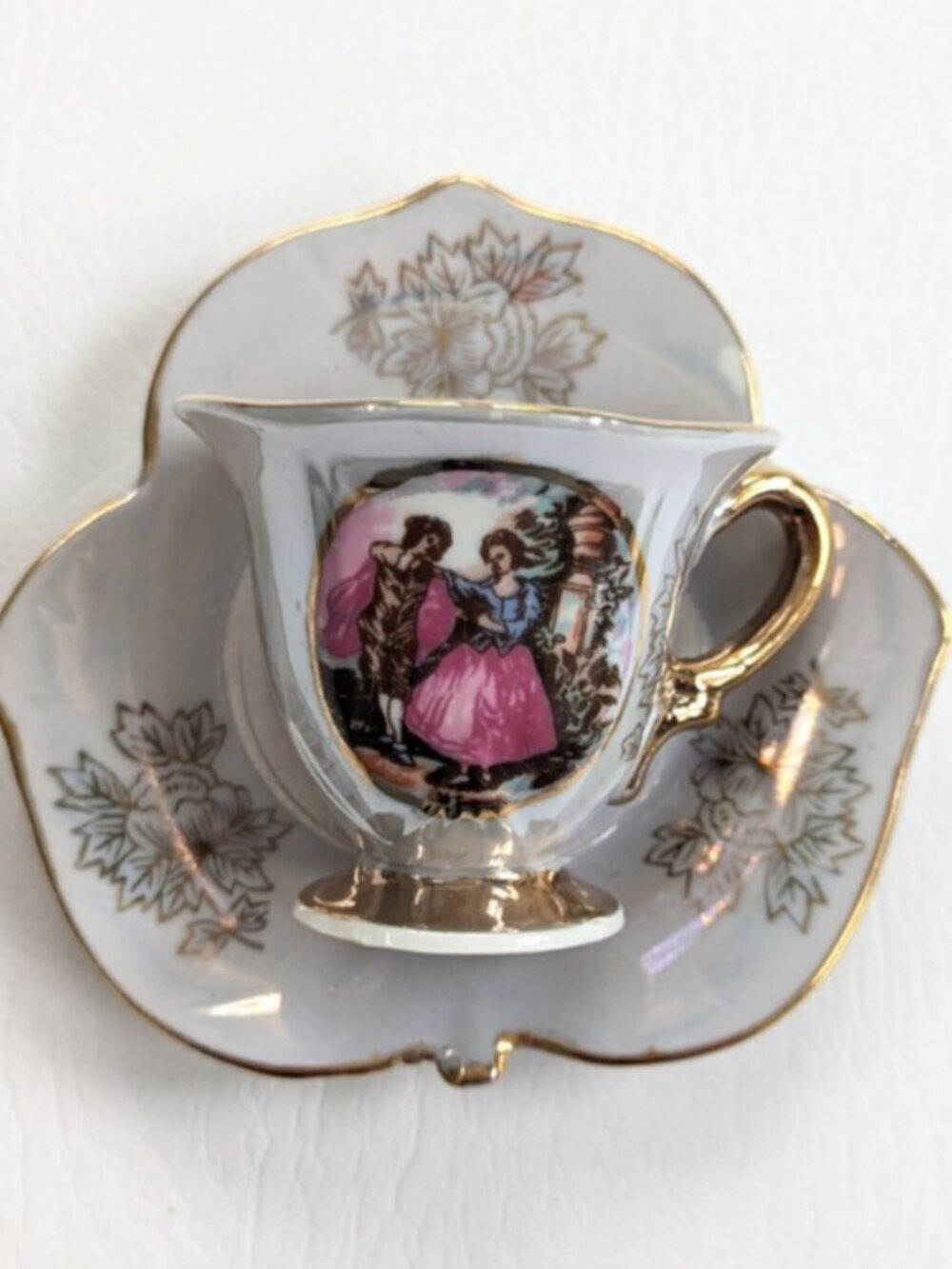 Vintage Royal Crown Porcelain Teacup & Saucer Courting Couple Grey Iridescent
